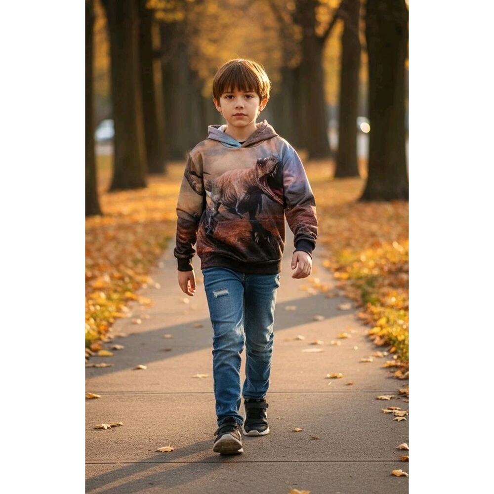 Boy's T REX Dinosaur Hoodie With Pockets Sweatshirt Back Front Print Size 6-7